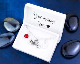 Motorcycle Charm Bracelet, Biker Jewelry, Initial & Birthstone, Silver Plated