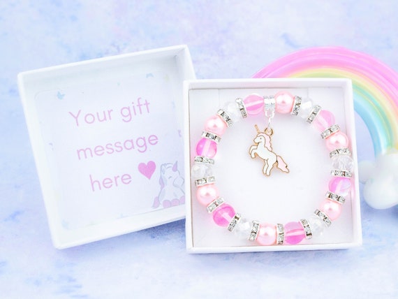 Unicorn Bracelet, Unicorn Gifts, Beaded Stretch Bracelet, Pink and Silver,  Little Girl Gifts, Kids Bracelet, Pretty Sparkly Charm Bracelet 