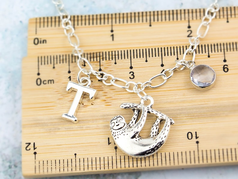 Sloth Bracelet, Sloth Gifts, Personalised Sloth Jewellery, Animal Lover, Silver Chain With Initial And Birthstone, Childs Or Adults Sizes zdjęcie 3