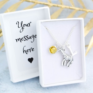 Giraffe Necklace, Personalised Gift, Animal Jewellery, Initial And Birthstone, Zoo Trip Gifts, Cute Giraffe Pendant, Favourite Animal Gift