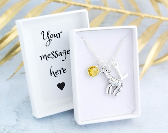 Giraffe Necklace, Personalised Gift, Animal Jewellery, Initial And Birthstone, Zoo Trip Gifts, Cute Giraffe Pendant, Favourite Animal Gift
