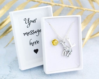Giraffe Necklace, Personalised Gift, Animal Jewellery, Initial And Birthstone, Zoo Trip Gifts, Cute Giraffe Pendant, Favourite Animal Gift