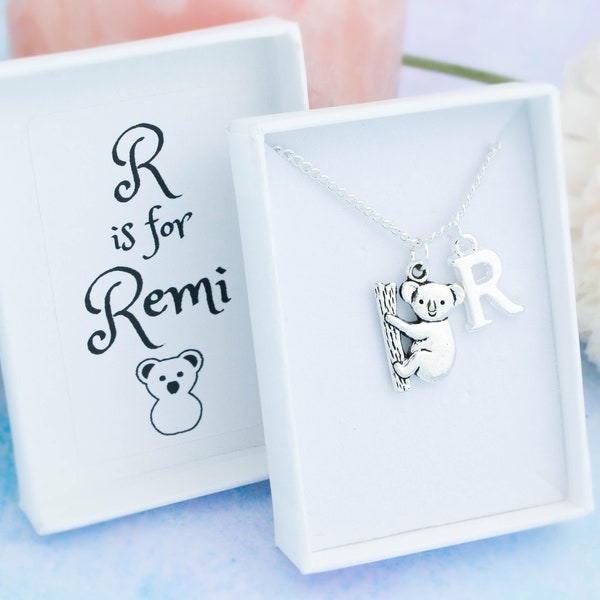 Koala Necklace, Children's Jewellery, Personalised Gift, Child's Name And Initial, Girls Koala Gift, Cute Silver Pendant, Australia Jewelry