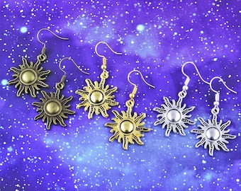 Sun Earrings, Cute Earrings, Sunshine Earrings, Galaxy Jewellery, Space Jewelry, Silver Bronze Or Gold, Geeky Jewellery, Outer Space Jewelry