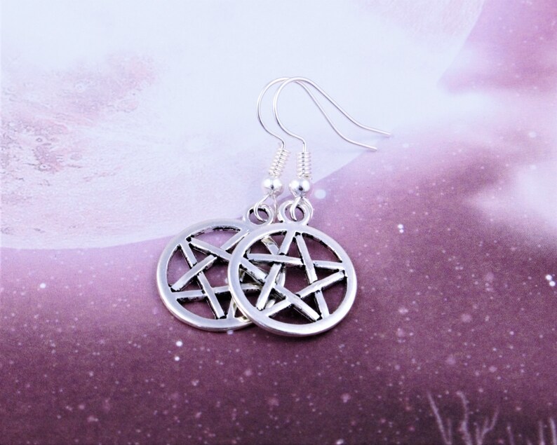 Pentacle Earrings, Witch Earrings, Wiccan Jewellery, Silver Dangle Pentacle Charm Earrings, Goth Vibes, Witchy Earrings, Gothic Jewelry image 5