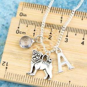 May include: Silver necklace with a clear crystal charm, a silver pug charm, and a silver letter A charm. The necklace is laid out on a wooden ruler with inch and centimeter markings.