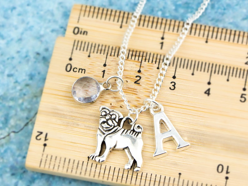 May include: Silver necklace with a clear crystal charm, a silver pug charm, and a silver letter A charm. The necklace is laid out on a wooden ruler with inch and centimeter markings.