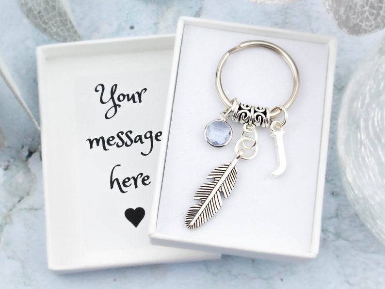 Puede incluir: Un llavero plateado con un dije de pluma, un dije de cristal azul claro y un dije de letra J. El llavero est&aacute; en una caja blanca con el texto "Tu mensaje aqu&iacute;" y un peque&ntilde;o coraz&oacute;n negro.