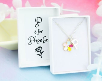 Rainbow Flower Necklace, Personalised Gift, Children's Jewellery, Flower Girl Necklace, Colourful Jewelry For Kids, Girl's Initial Necklace