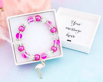 Flamingo Bracelet, Bird Jewellery, Girl's Beaded Stretch Bracelet, Personalised Gift Box Included, Pink Jewelry, Sparkly And Pretty