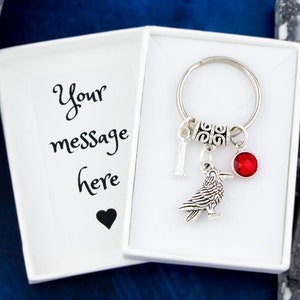 Raven Keychain, Gothic Crow Charm, Personalized Initial, Birthstone