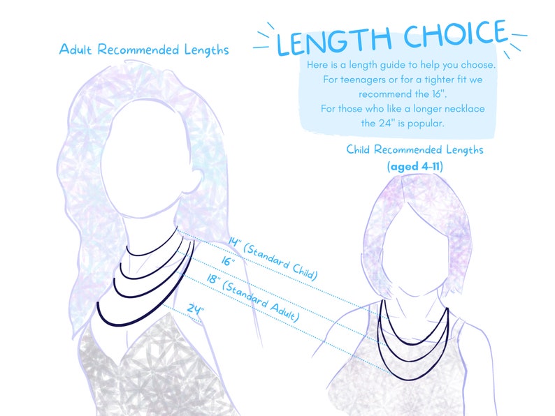 Op de afbeelding: Illustratie van twee personen, een volwassene en een kind, die kettingen dragen in verschillende lengtes. De illustratie toont aanbevolen kettinglengtes voor volwassenen en kinderen, met metingen in inches. De tekst luidt "Adult Recommended Lengths", "LENGTH CHOICE", "Here is a length guide to help you choose. For teenagers or for a tighter fit we recommend the 16". For those who like a longer necklace the 24" is popular." en "Child Recommended Lengths (aged 4-11)".