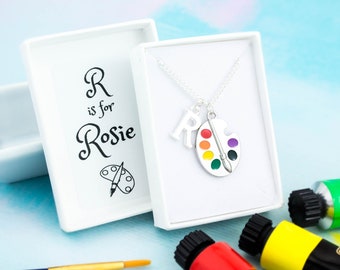 Artist Necklace, Personalised Gift, Children's Jewellery, Paint Palette Charm, Paintbrush Gifts, Gifts For Kids, Teen Jewelry, Art Gifts