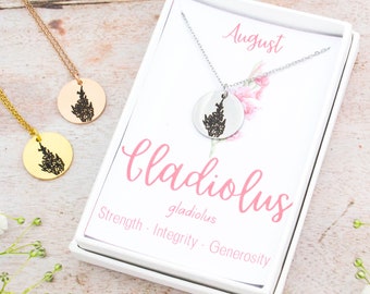 Gladiolus Necklace, August Birth Flower Necklace, Personalised Engraved Jewellery, Silver Gold Or Rose Gold Stainless Steel, Birthstone