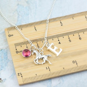 May include: Silver necklace with a pink crystal charm, a silver horse charm, and a silver charm with the letter "E".