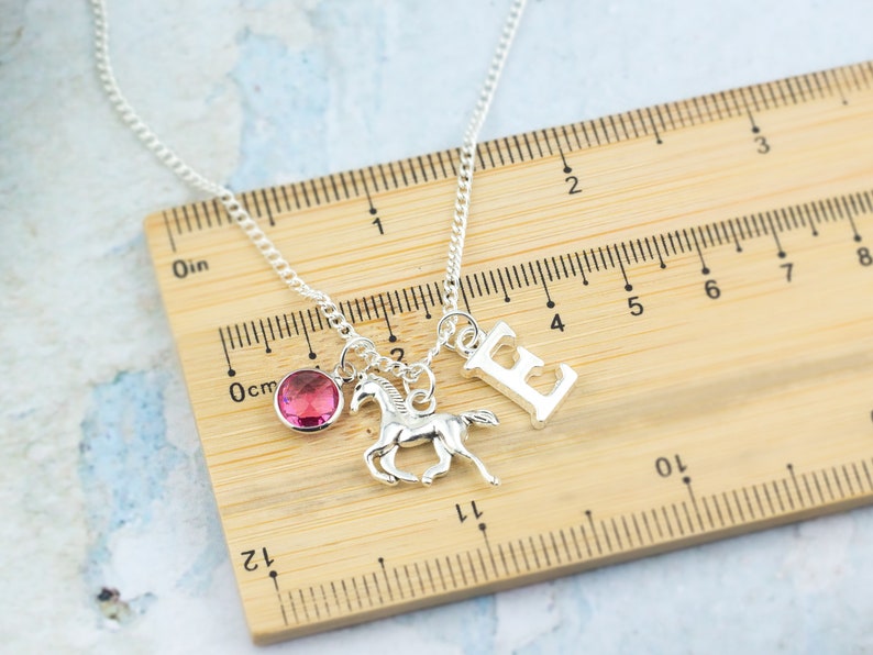 May include: Silver necklace with a pink crystal charm, a silver horse charm, and a silver charm with the letter "E".