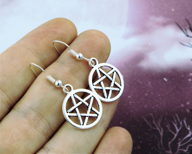 Pentacle Earrings, Witch Earrings, Wiccan Jewellery, Silver Dangle Pentacle Charm Earrings, Goth Vibes, Witchy Earrings, Gothic Jewelry image 6