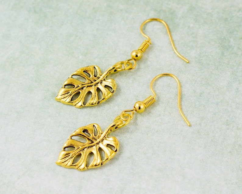 Gold Monstera Earrings Leaf Jewelry Cottagecore Earrings | Etsy