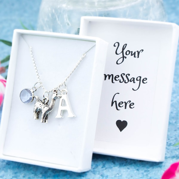 Llama Necklace, Personalised With Initial Birthstone And Gift Message, Cute Llama Jewellery, Alpaca Lover Gift, Llama Trekking Birthday