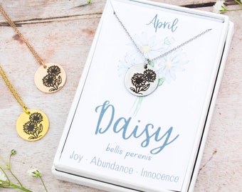 Daisy Necklace, April Birth Flower Necklace, Personalised Engraved Jewellery, Silver Gold Or Rose Gold Stainless Steel, Birthstone