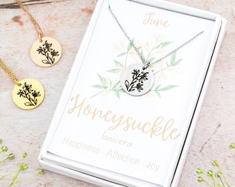 Honeysuckle Necklace, June Birth Flower Necklace, Personalised Engraved Jewellery, Silver Gold Or Rose Gold Stainless Steel, Birthstone