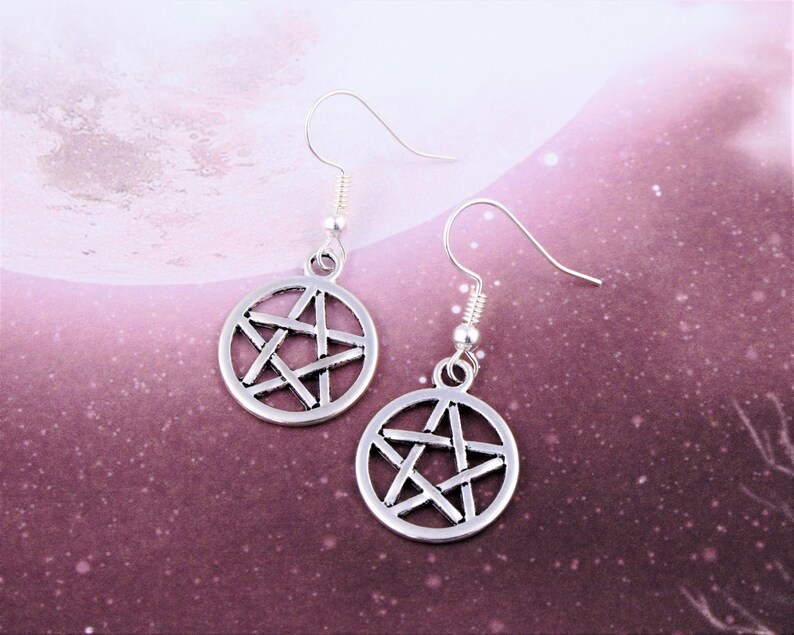 Pentacle Earrings, Witch Earrings, Wiccan Jewellery, Silver Dangle Pentacle Charm Earrings, Goth Vibes, Witchy Earrings, Gothic Jewelry image 1