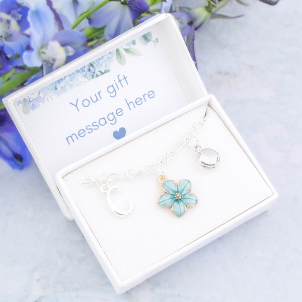 Blue Flower Bracelet, Forget Me Not Charm Bracelet, Personalised Floral Jewellery, Bridesmaid Gifts, Something Blue, Flower Girls Gifts