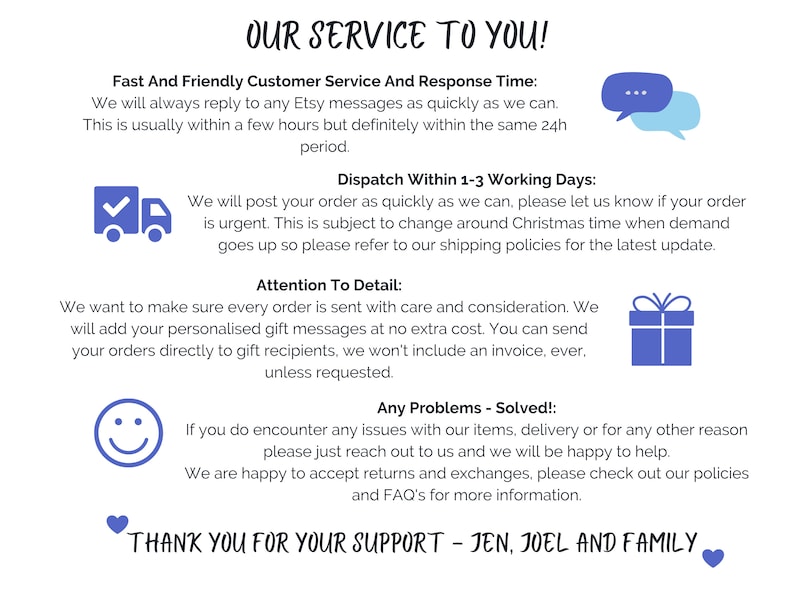 May include: A graphic with text that reads "Our Service To You!" and details the shop's customer service, shipping, and return policies. The graphic includes icons of a delivery truck, a gift box, a smiley face, and a heart.