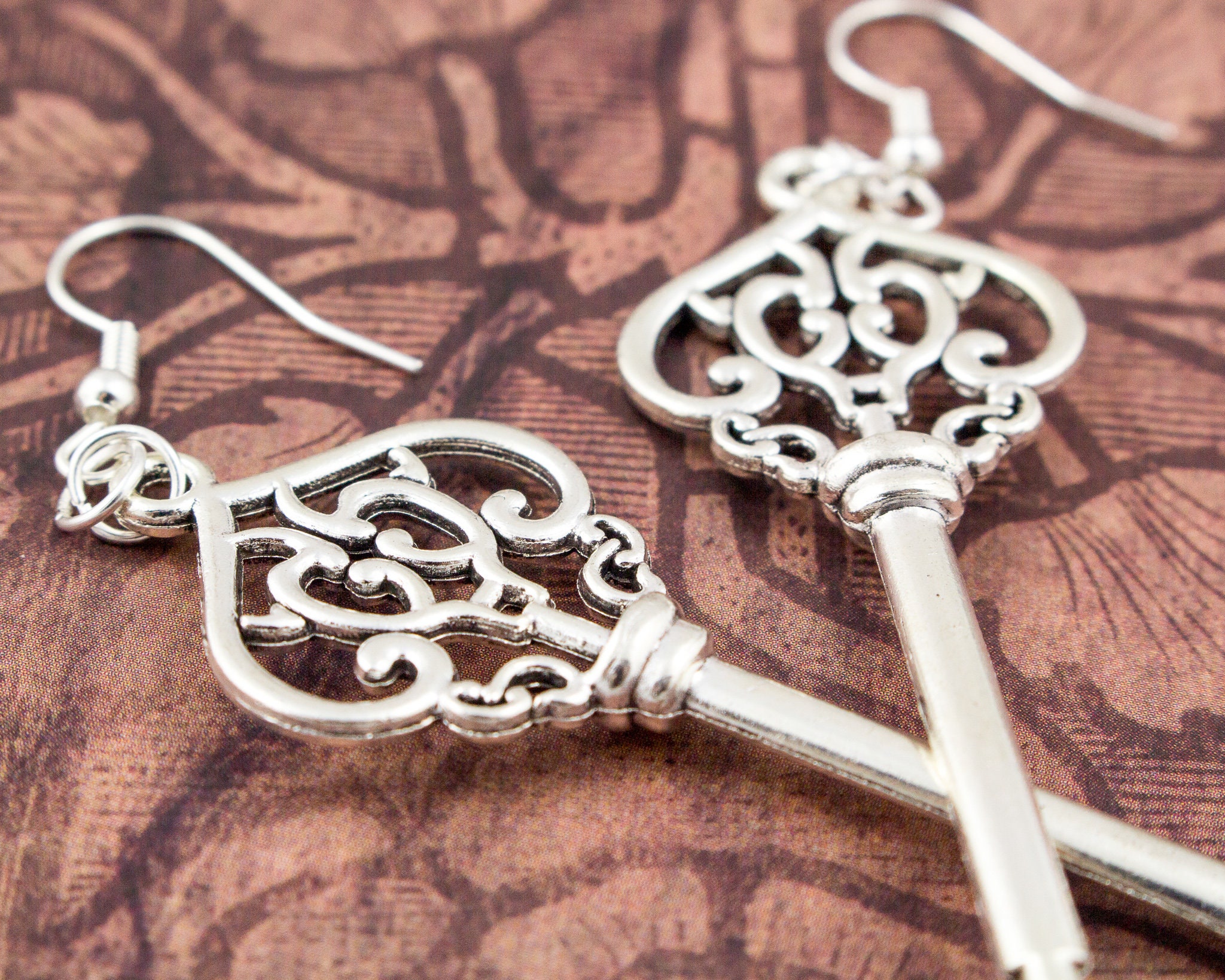 ◆VINTAGE HOLLYWOOD◆ Octagon Key Earrings VH2379EA002B Large Key Earrings, Silver Key Earrings, Statement Earrings