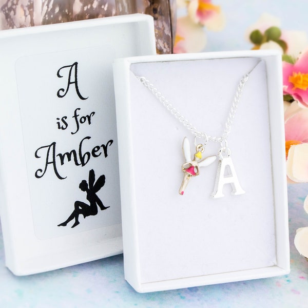 Fairy Necklace, Personalised Girls Jewellery, Silver Initial Necklace, Childrens Fairy Gifts, Pink Enamel Fairy Pendant, Tooth Fairy Gifts