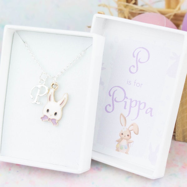 Collier lapin de Pâques, Cadeaux de Pâques pour fille, Coffret cadeau personnalisé avec nom, Remplisseurs de panier de Pâques, Récompense chasse aux œufs, Cadeau pour enfant