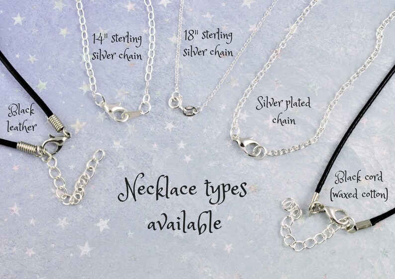 May include: Five different necklace chain styles are displayed on a blue background with white stars. The chains include 14 inch sterling silver, 18 inch sterling silver, silver plated, black leather, and black waxed cotton cord.