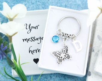 Butterfly Keyring, Personalised Gift, Butterfly Keychain, Gift For Grandmother, Butterfly Gift, Initial Birthstone, Mother Gifts, Grandma