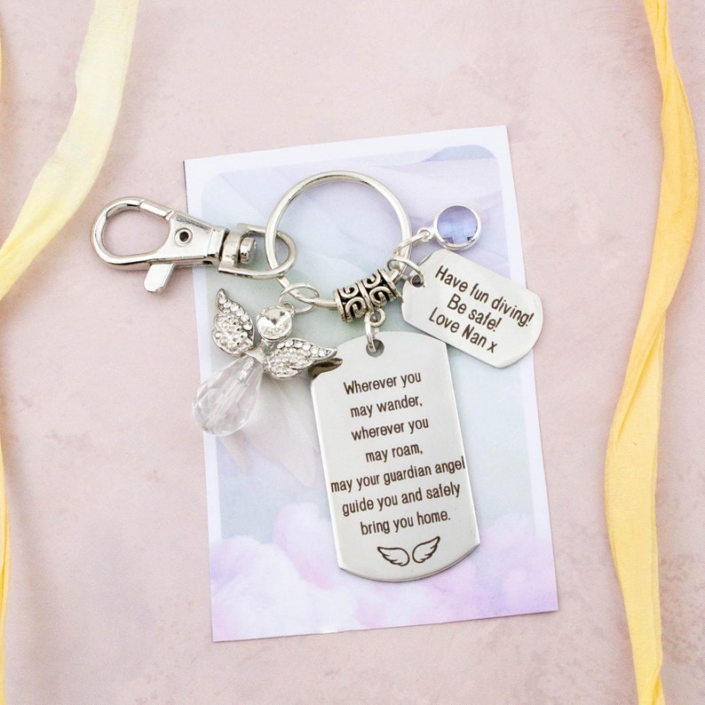 Personalised Travel Angel Keychain, Guardian Angel Bag Charm, Grief and