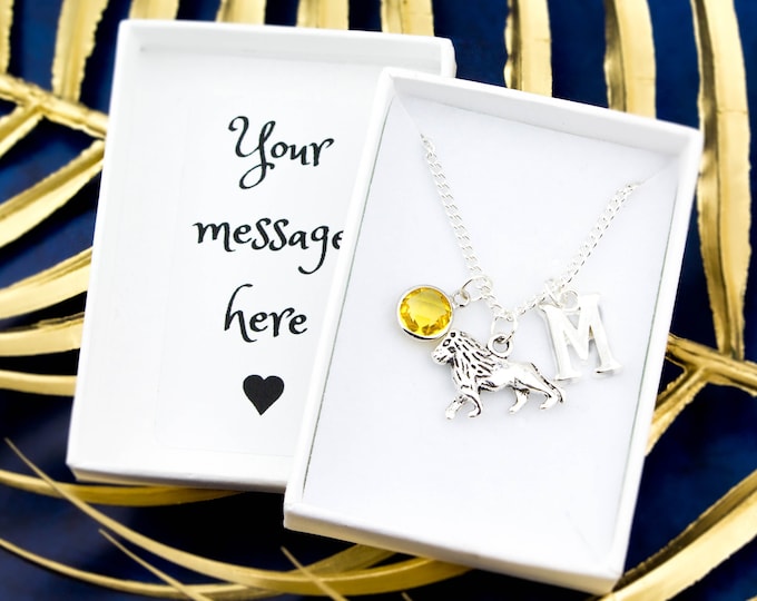Lion Necklace, Personalised Leo Necklace, Initial And Birthstone, Gifts For Bravery Courage, Stay Strong, Lion Jewellery, Womens Lion Gifts