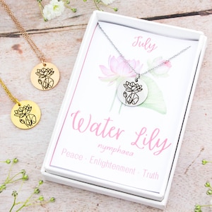 Water Lily Necklace, July Birth Flower Necklace, Personalised Engraved Jewellery, Silver Gold Or Rose Gold Stainless Steel, Birthstone