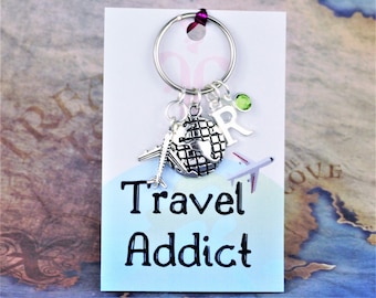 Travel Keyring, Personalised Gift For Someone Who Loves Travel, Aeroplane Keychain, Luggage Keyring, Plane And Earth Charm, Travel Addict