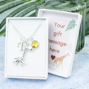 Giraffe Necklace, Personalised Giraffe Jewellery With Initial And Birthstone, Cute Animal Necklace For Women, Girls, Adults Or Childrens