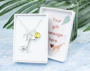 Giraffe Necklace, Personalised Giraffe Jewellery With Initial And Birthstone, Cute Animal Necklace For Women, Girls, Adults Or Childrens