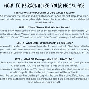 May include: A guide on how to personalize a necklace. The steps include choosing the chain style, adding charms, selecting a letter or birth month, and adding a gift message. The text includes the phrase "Add Personalisation".
