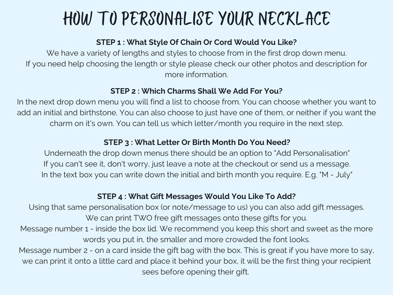 May include: A guide on how to personalize a necklace. The steps include choosing the chain style, adding charms, selecting a letter or birth month, and adding a gift message. The text includes the phrase "Add Personalisation".