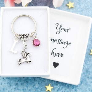 Pegasus Keychain, Custom Initial, Birthstone, Greek Mythology Gift