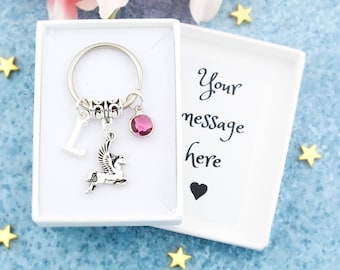 Pegasus Keychain, Custom Initial, Birthstone, Greek Mythology Gift