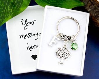 Tree Keychain, Personalized Initial, Birthstone Charm, Nature Lover Gift