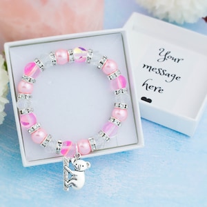 Koala Bracelet, Children&#39;s Jewellery, Beaded Stretch Bracelet, Animal Gift, Silver Sparkly Charm Bracelet, Kids Australia Gifts, Little Bear