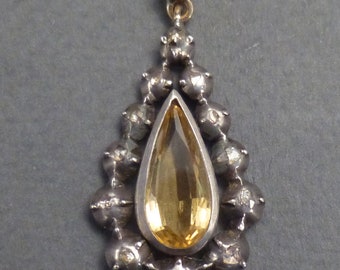 Georgian Silver Facetted Teardrop Citrine Pendant surrounded by 13 mine cut diamonds
