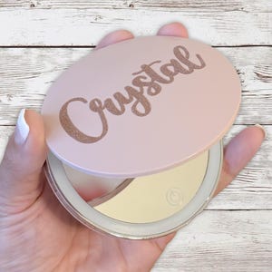 Custom LED Makeup Mirror | Pink Monogram Cosmetic Mirror | Pocket Mirror | Rechargeable LED Makeup Mirror | Custom Light Up Makeup Mirror