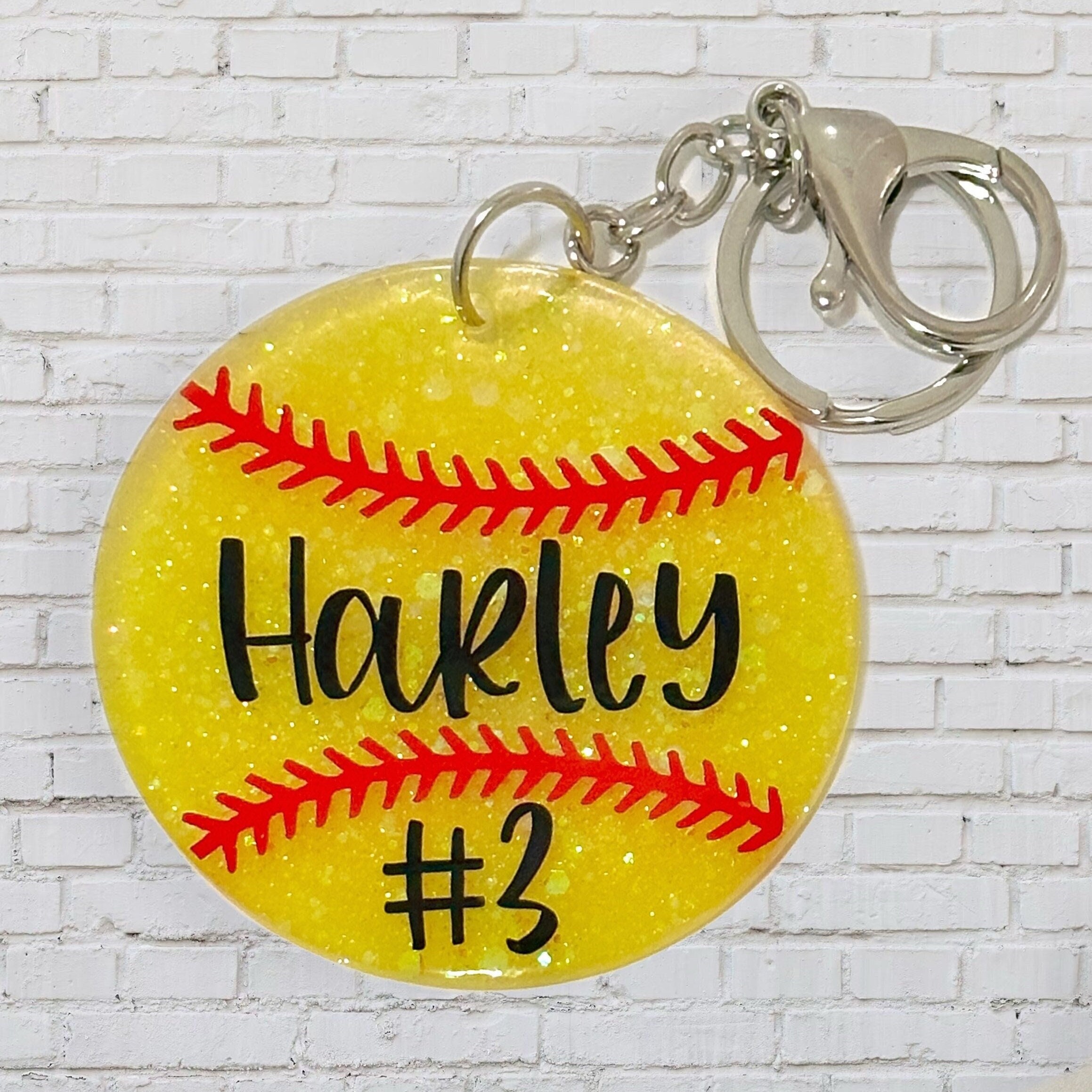Custom, Glitter Softball Keychain/Bag Tag