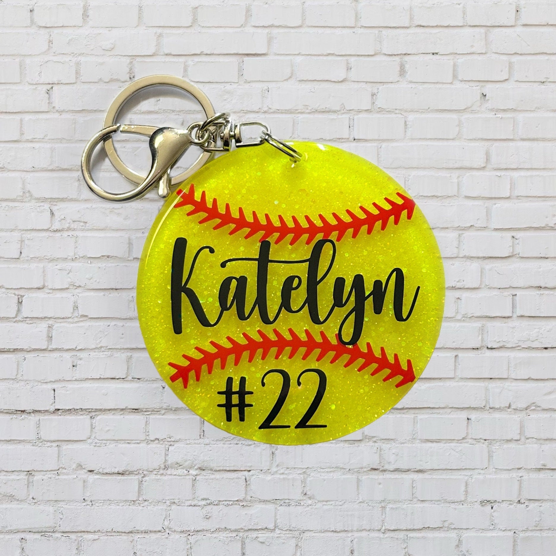 Custom, Glitter Softball Keychain/Bag Tag
