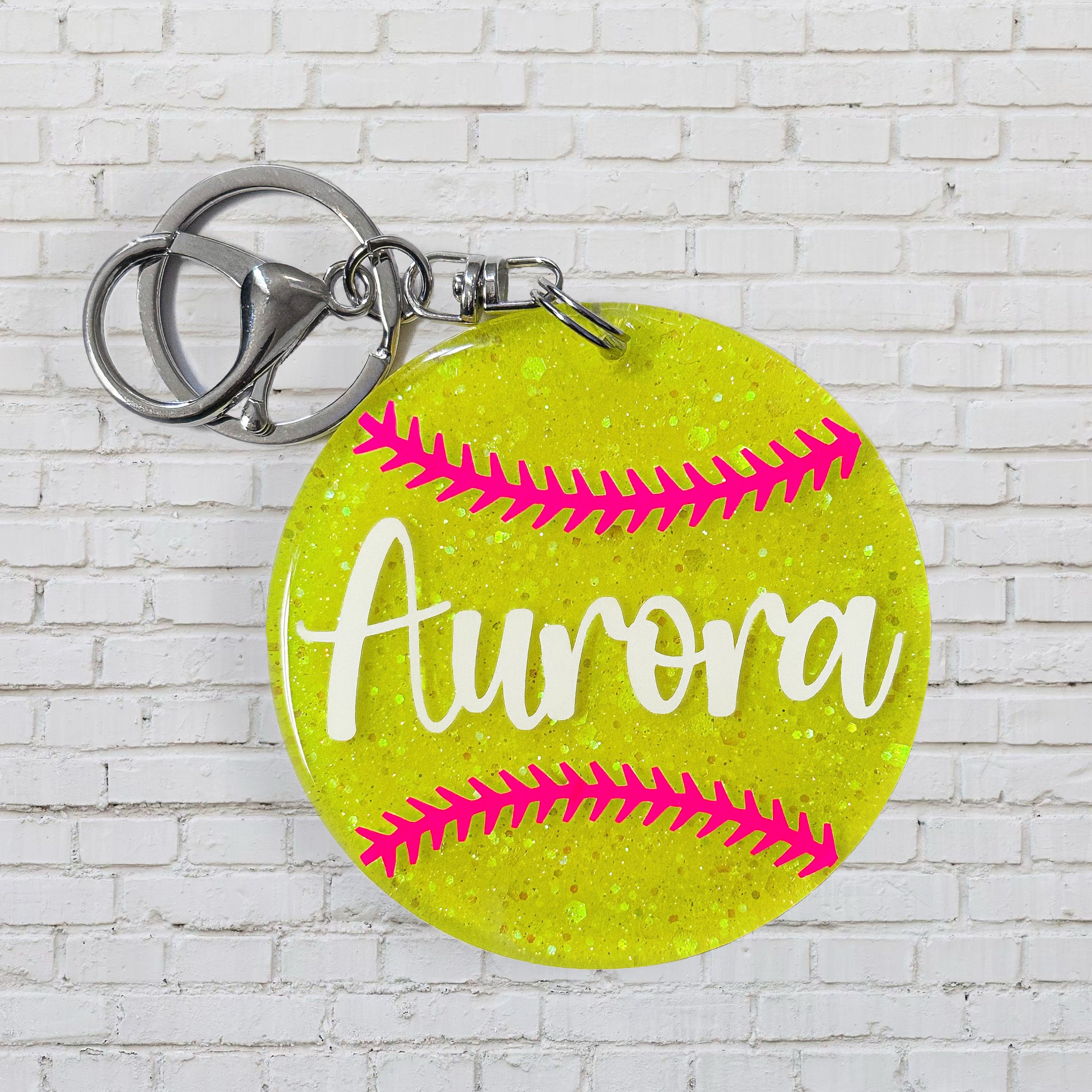 Custom, Glitter Softball Keychain/Bag Tag